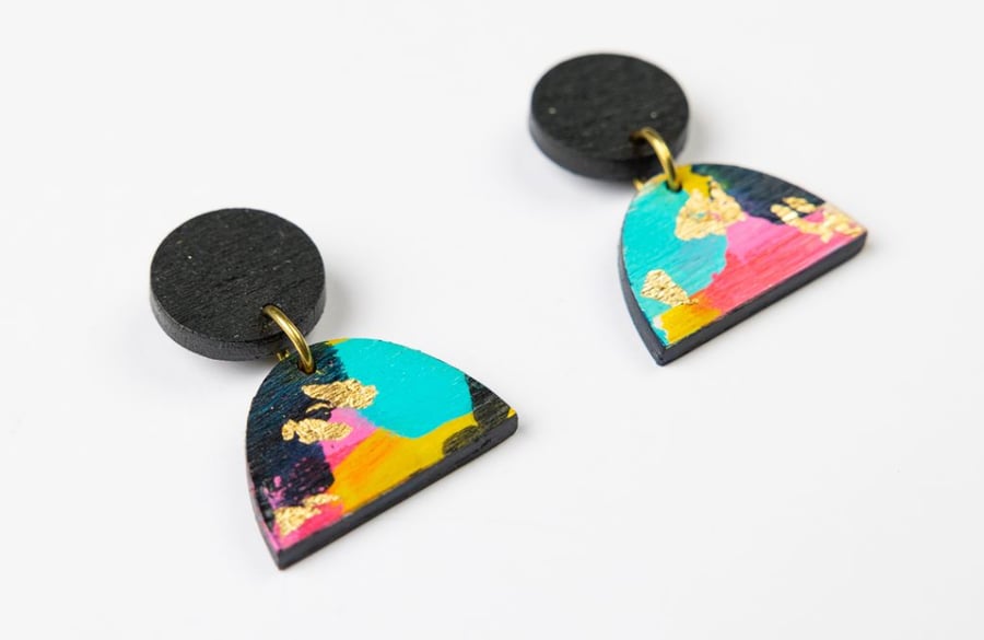 Colourful, wooden statement earrings with gold leaf (The Branscombe earrings) 