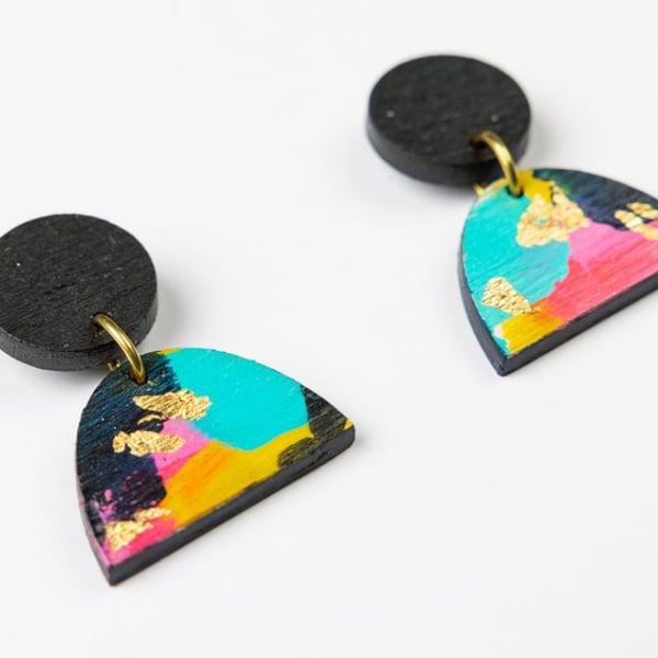 Colourful, wooden statement earrings with gold leaf (The Branscombe earrings) 