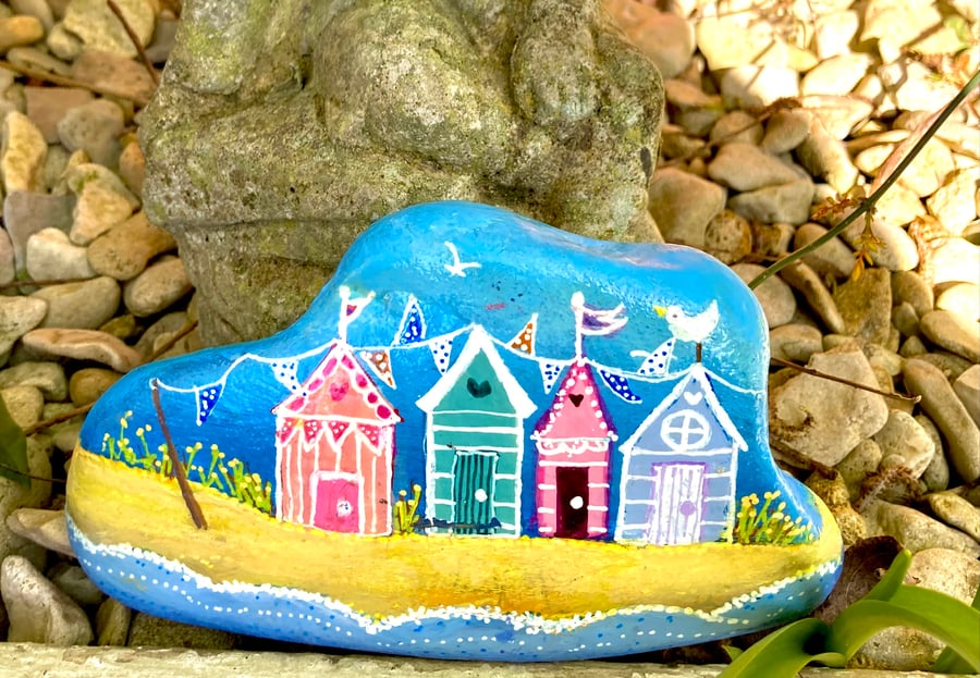 Colourful Beach Huts With Bunting  Hand Painted Rock Art Stone Art 