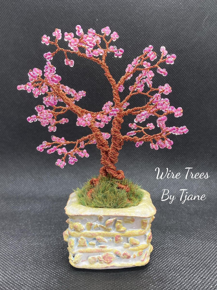 wire tree sculpture pink beaded blossom,handmade pot 