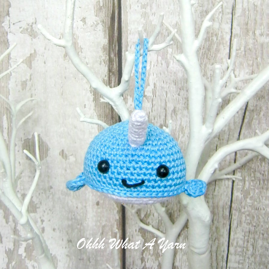 Blue crochet narwhal hanging decoration, scissor keeper, pin cushion, bag charm 