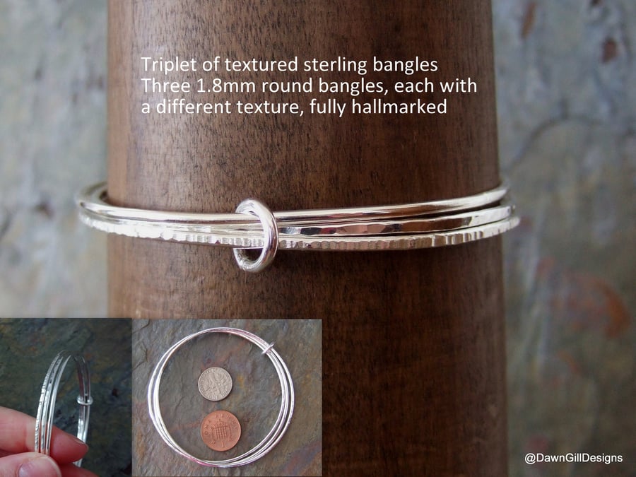Fully Hallmarked Solid Sterling Silver Stacking Triplet Bangle, Textured