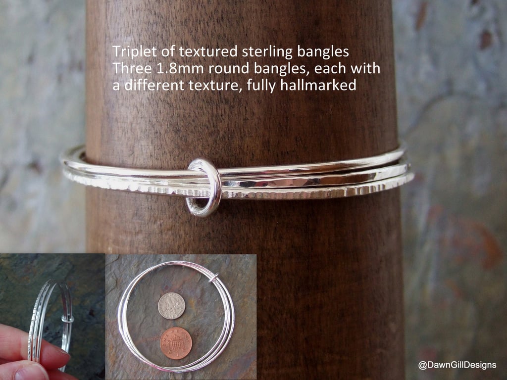 Fully Hallmarked Solid Sterling Silver Stacking Triplet Bangle, Textured