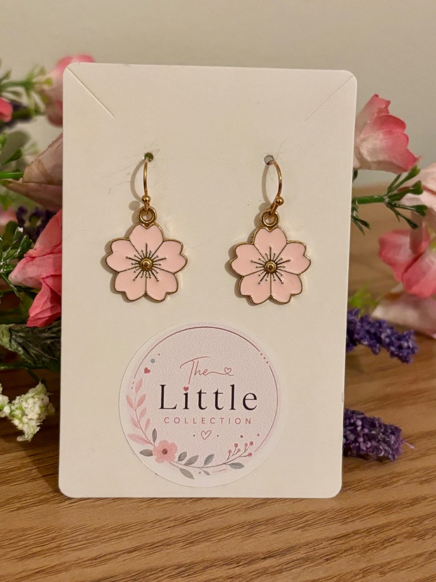 Pink Cherry Blossom Dangle Earrings, Enamel Sakura Charms, Handmade Jewellery