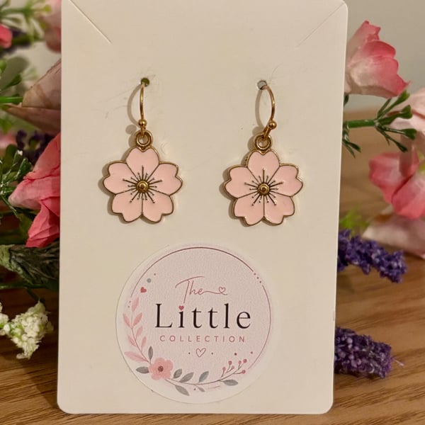 Pink Cherry Blossom Dangle Earrings, Enamel Sakura Charms, Handmade Jewellery