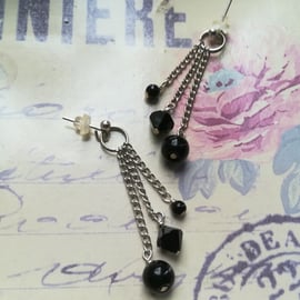 Hanging earrings – Swarovski Jet Black crystal bicones & glass pearl beads