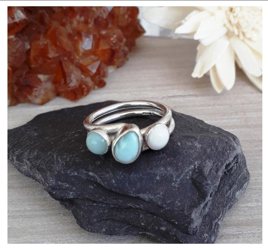3 stone ring size O , Sterling silver , Larimar, Amazonite , White Mountain Jade
