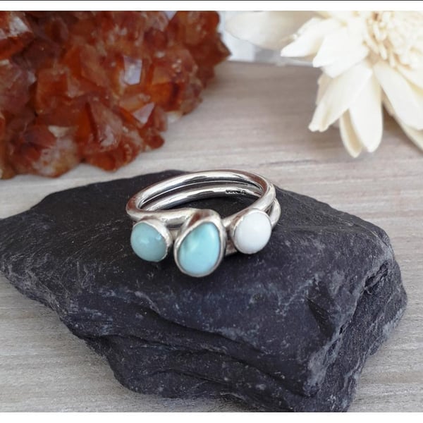 3 stone ring size O , Sterling silver , Larimar, Amazonite , White Mountain Jade