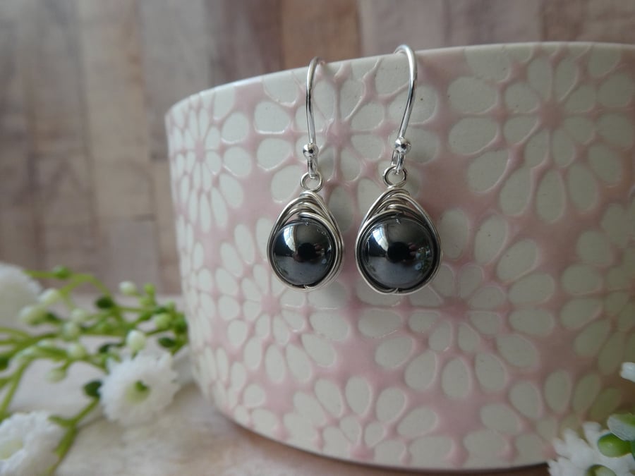 hematite earrings, sterling silver hematite earrings, wire wrapped hematite earr