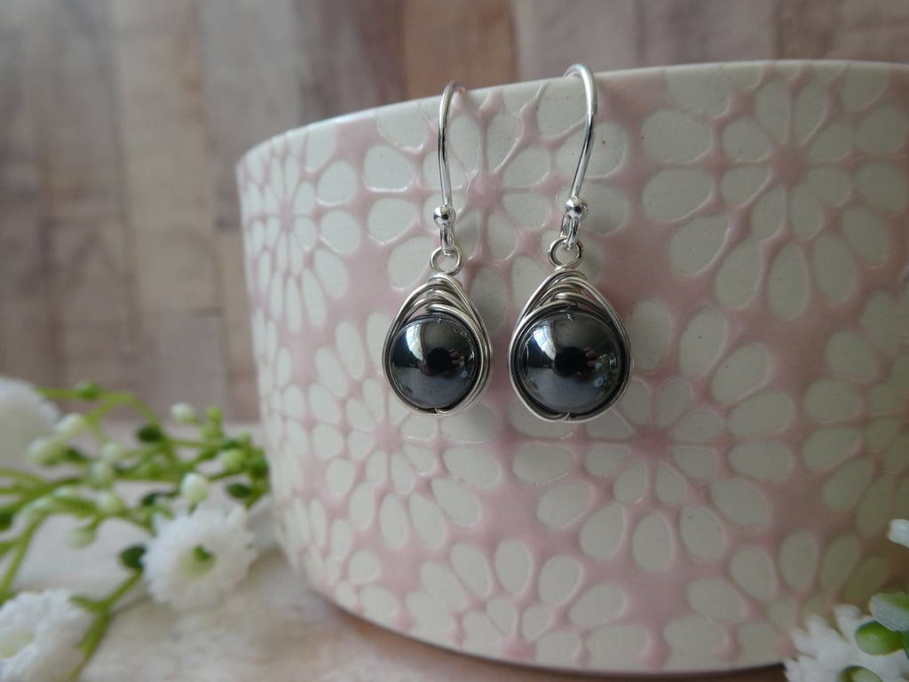 hematite earrings, sterling silver hematite earrings, wire wrapped hematite earr