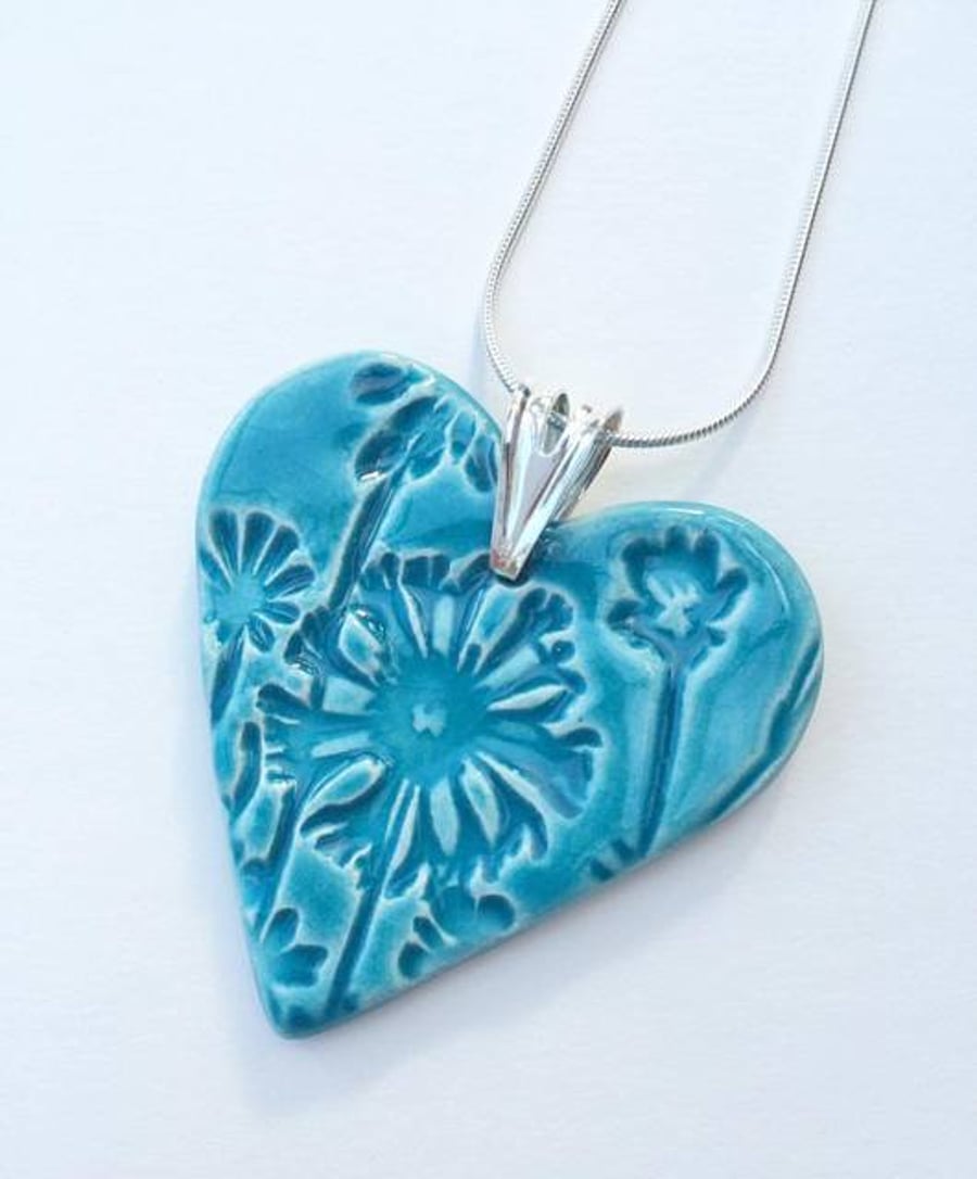 Turquoise Danelion Ceramic Pendant Necklace - Sterling Silver