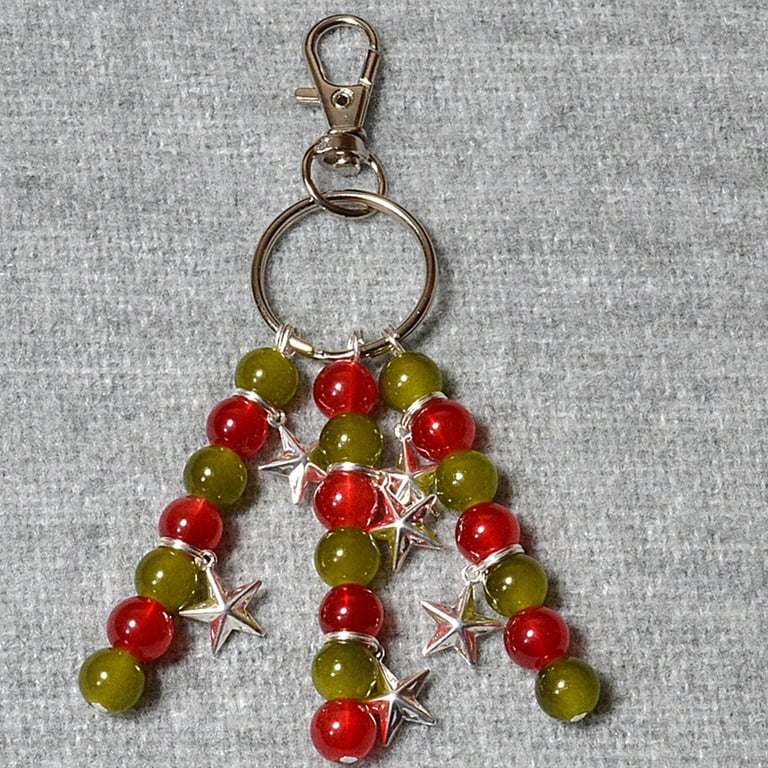 Christmas Bag Charm – Red and Green Glass Bead and Silver Star Triple Dangle