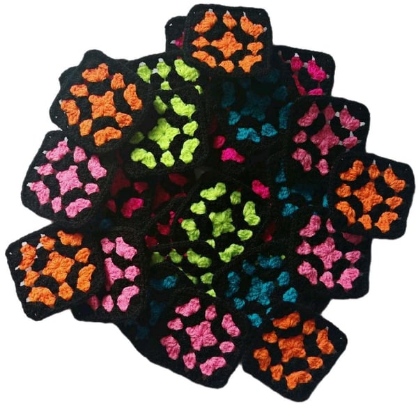Handmade Crochet Granny Squares Midnight Neon Burst, 3-Inch Patchwork Blocks