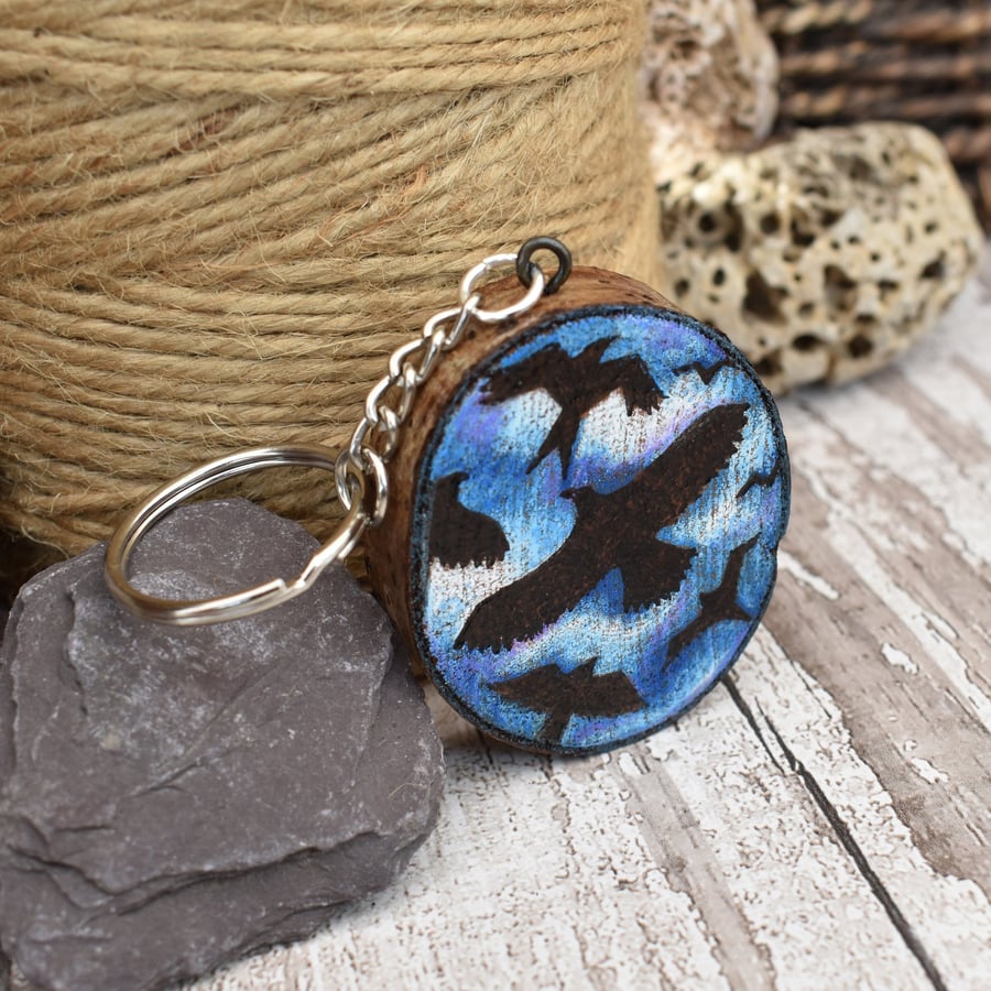 Rustic Pyrography birds of prey keyring. Branch slice key ring.