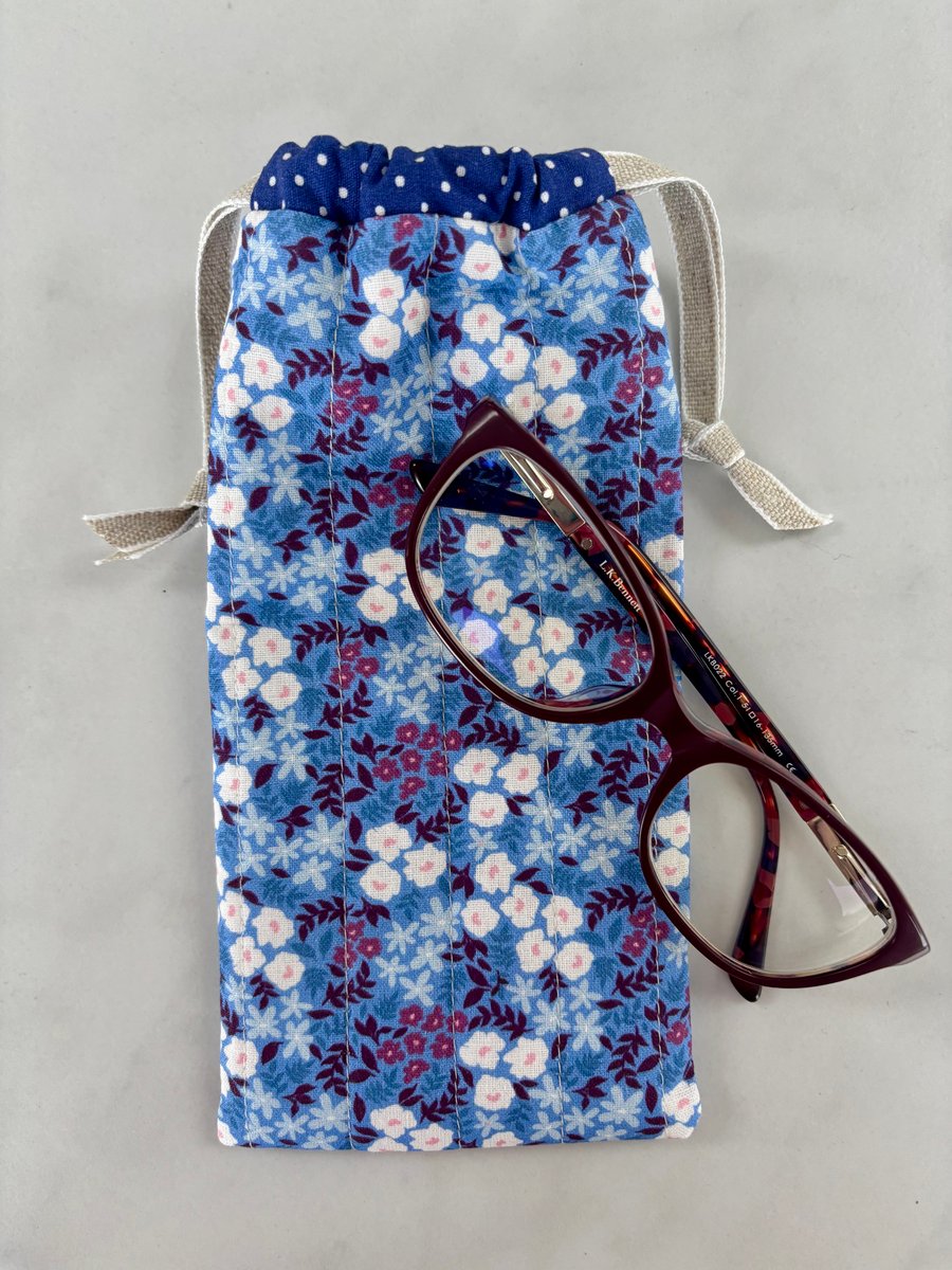 Glasses case, sunglasses pouch, padded, with drawstring,  in blue floral cotton