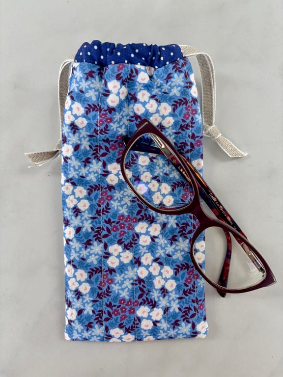 Glasses case, sunglasses pouch, padded, with drawstring,  in blue floral cotton
