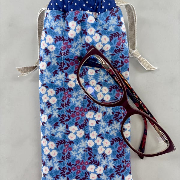 Glasses case, sunglasses pouch, padded, with drawstring,  in blue floral cotton