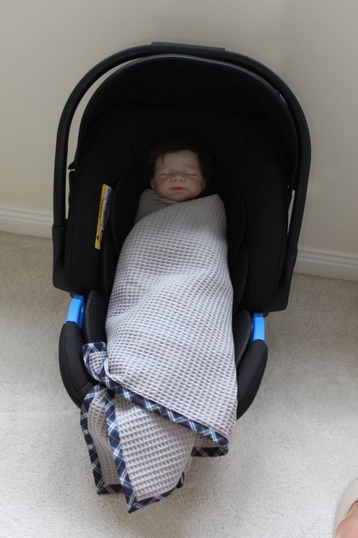 Handmade Cotton Baby Swaddle or Shawl – Grey Waffle with Navy Tartan Trim(105 cm