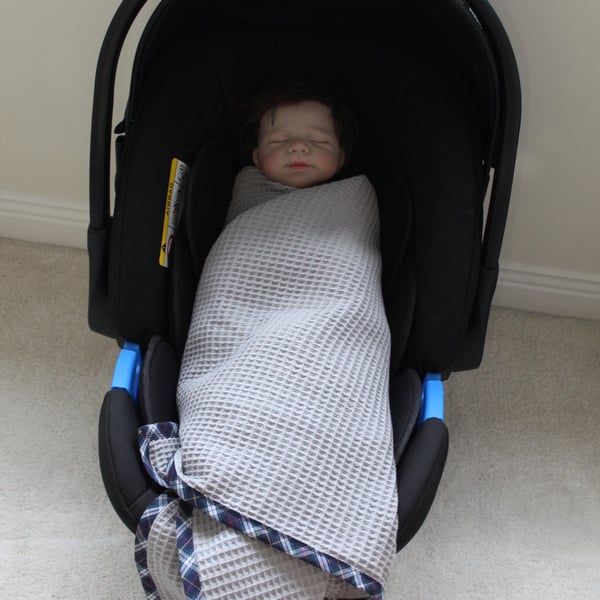 Handmade Cotton Baby Swaddle or Shawl – Grey Waffle with Navy Tartan Trim(105 cm