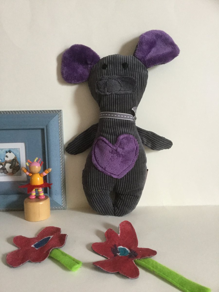 Grey Mouse Plushie, Handmade Plushie Grey Mouse with Heart, Nursery, Kawaii