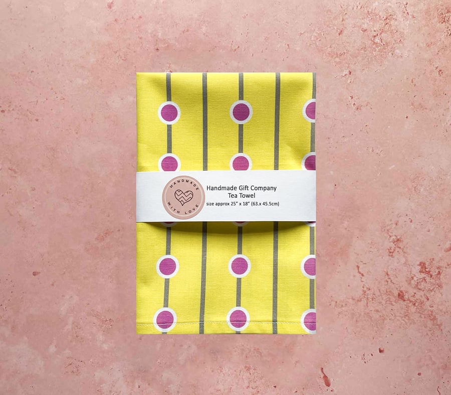 Fabric Handmade Pretty Cotton Tea Towel with a Pink Spot Design on Yellow Fabric