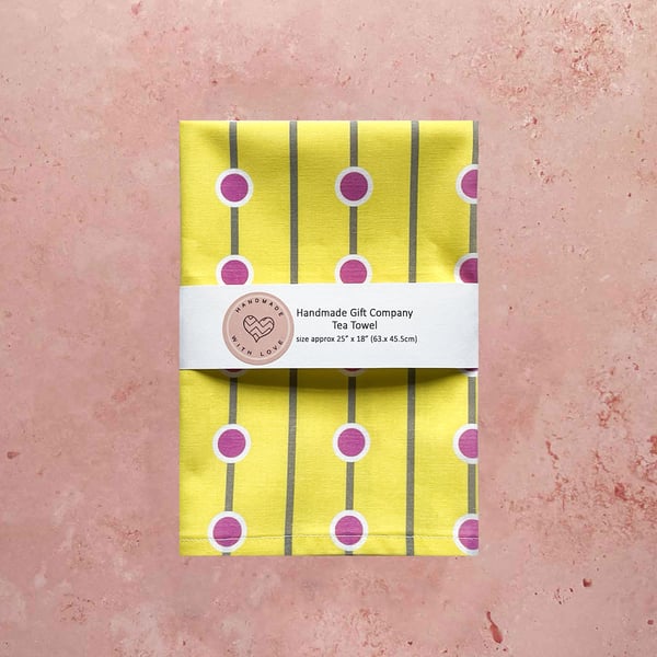 Fabric Handmade Pretty Cotton Tea Towel with a Pink Spot Design on Yellow Fabric