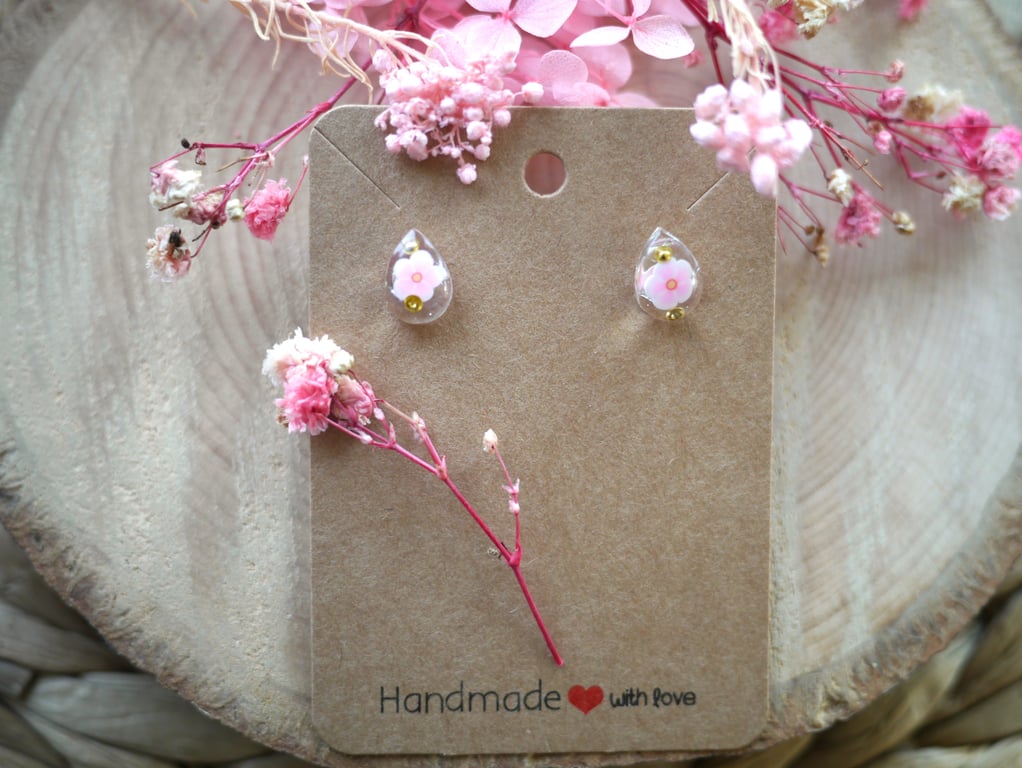 Pink Flowers and Gems Resin Stud earrings with Sterling Silver