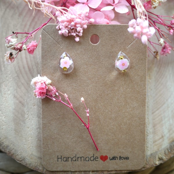 Pink Flowers and Gems Resin Stud earrings with Sterling Silver