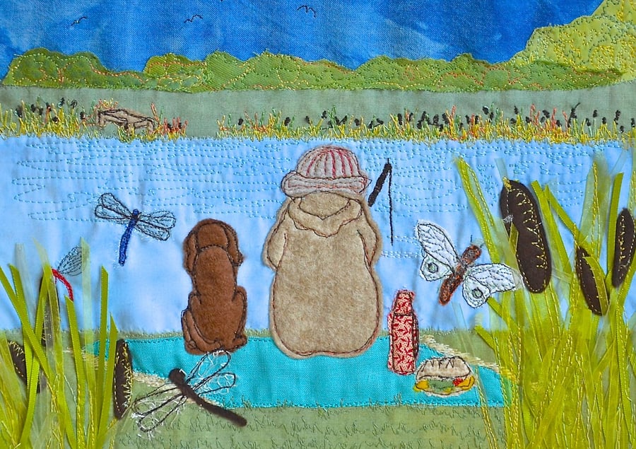 Gone Fishing - giclee print with fisherman, Toby the Dog and dragonflies
