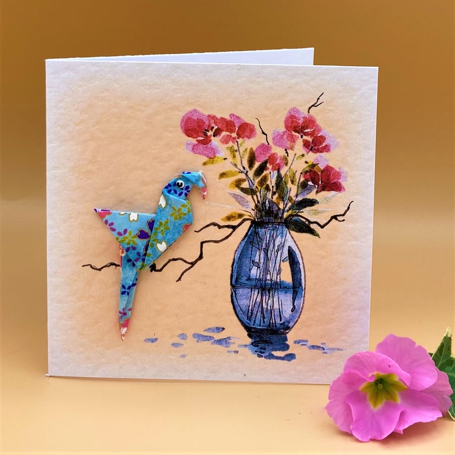 Unique Greetings Card, Hand Folded Origami Parrot fixed on floral print, UK made