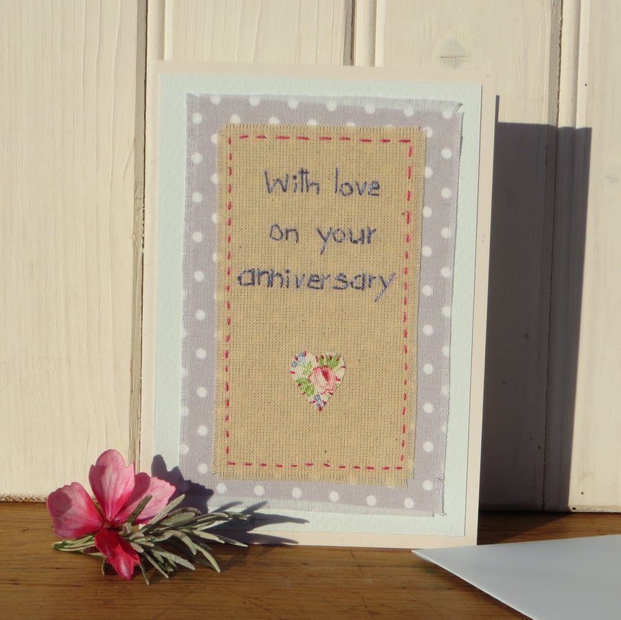 Hand stitched anniversary card, pretty, detailed work, a card to keep