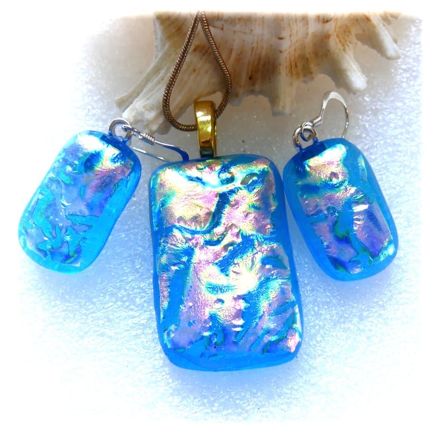 Dichroic Glass 120 Pendant Earring Set Turquoise Gold Plated Chain
