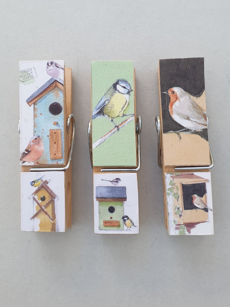  Garden Bird large Peg Magnets decoupaged set of 3
