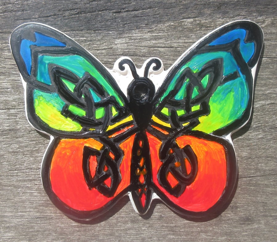 Hand painted ceramic butterfly decoration with Celtic Knot wings