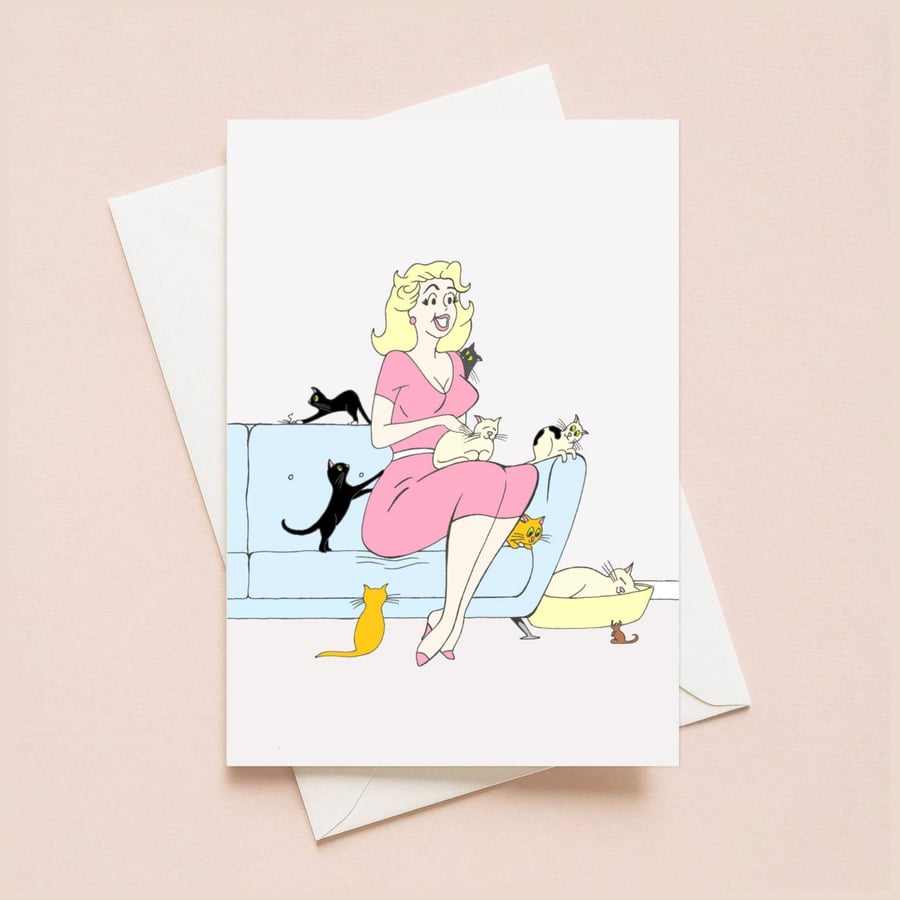 Crazy Cat Lady Greeting Card: Hand Drawn Vintage Style Illustration (106)