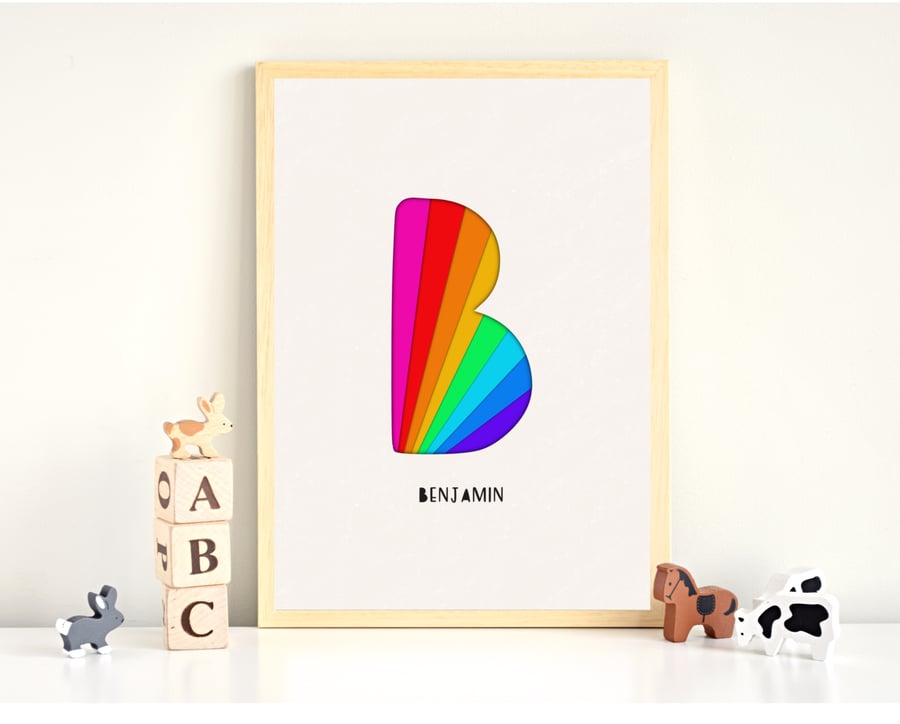Personalised Initial Print, Rainbow Alphabet, Nursery Decor, New Baby Gift