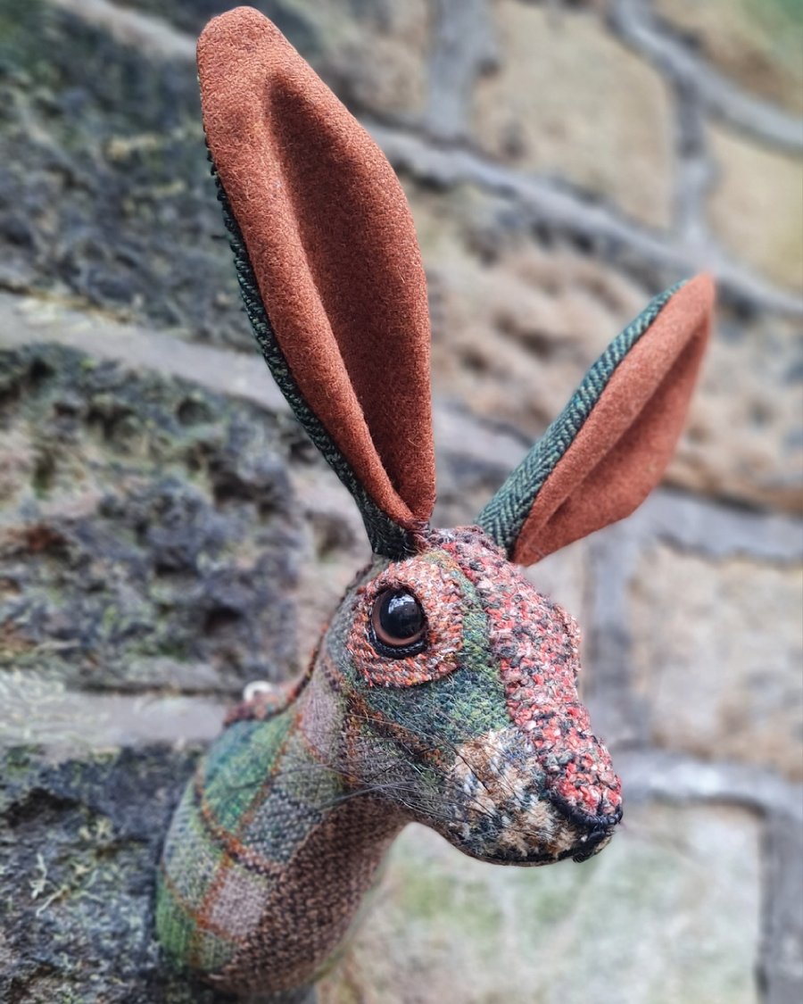 Faux hare head wall mount in green and orange wool tartan- Mr Harris