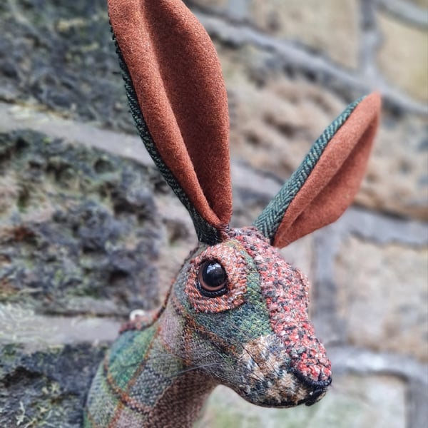 Faux hare head wall mount in green and orange wool tartan- Mr Harris