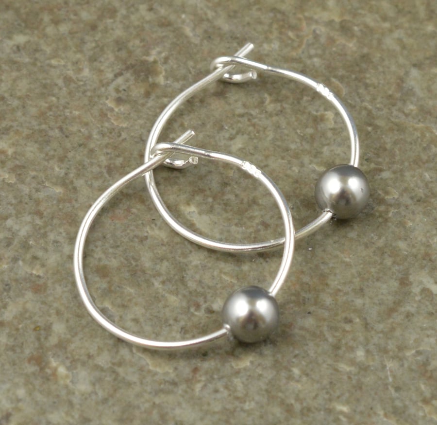 Boho 4mm Grey Swarovski Crystal Pearl 15mm Sterling Silver Hoop Earrings