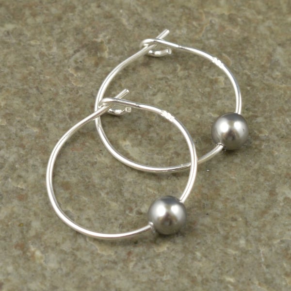 Boho 4mm Grey Swarovski Crystal Pearl 15mm Sterling Silver Hoop Earrings