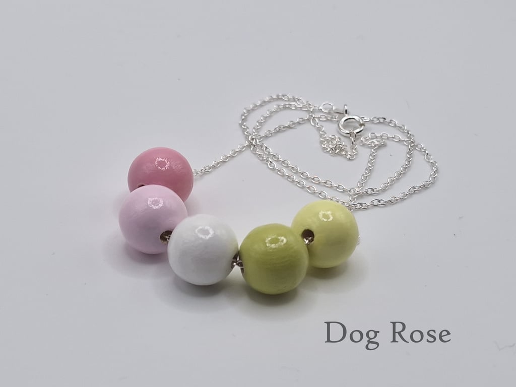 Dog Rose - hand painted - wooden bead & sterling silver necklace