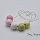 Dog Rose - hand painted - wooden bead & sterling silver necklace