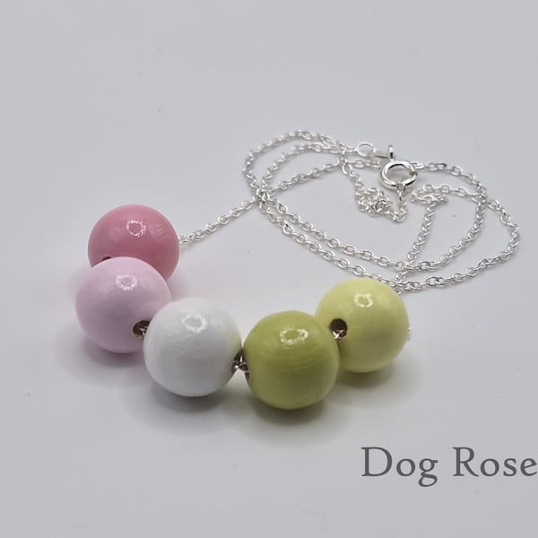 Dog Rose - hand painted - wooden bead & sterling silver necklace
