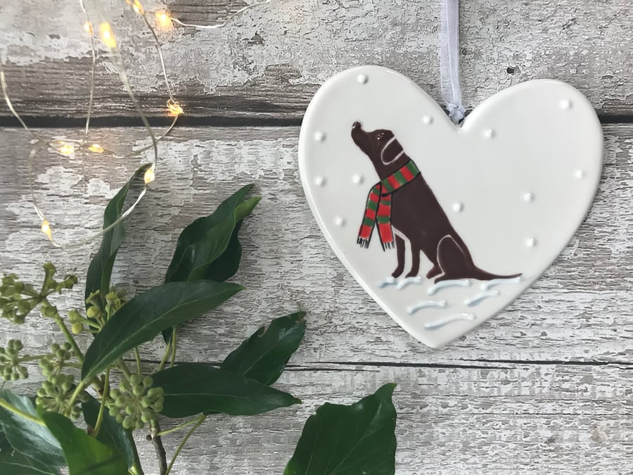 Chocolate Labrador wearing a Scarf Hand Painted Christmas Ceramic Heart