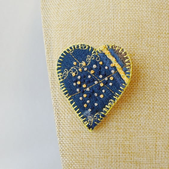 Heart brooch, recycled denim, hand embroidered, french knots