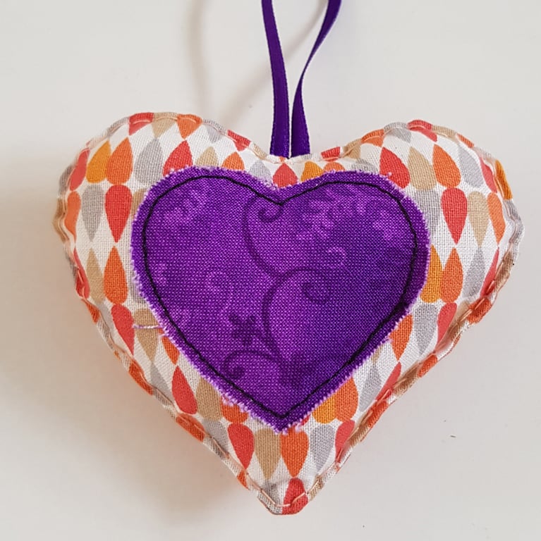 Retro Orange Fabric Heart Decoration With Purple Appliqué