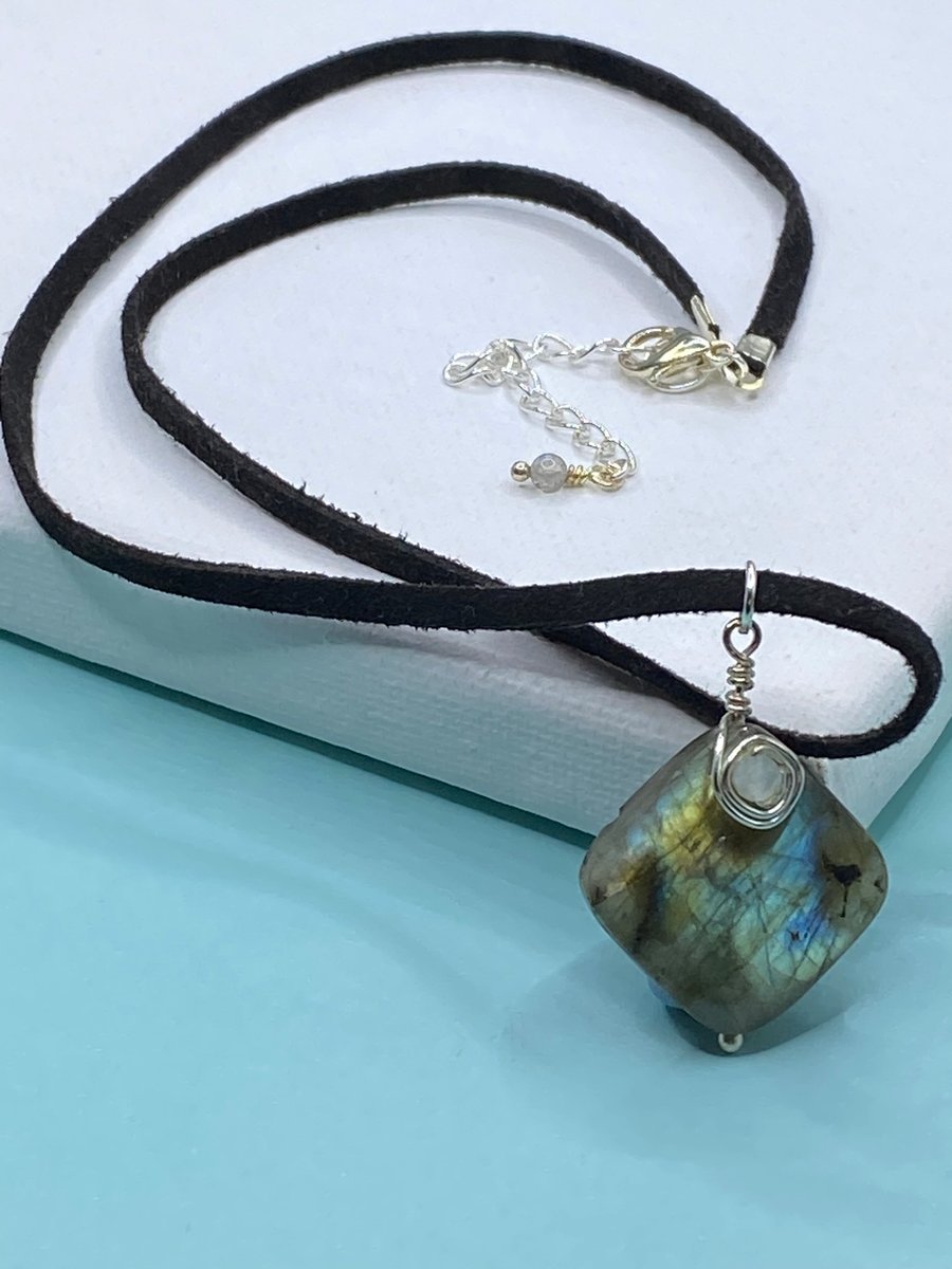 Square labradorite stone pendant on black faux suede cord
