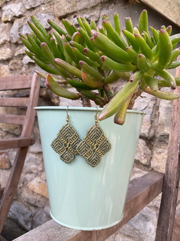 Geometrical, green and gold boho statement micro macrame earrings 