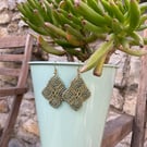 Geometrical, green and gold boho statement micro macrame earrings 