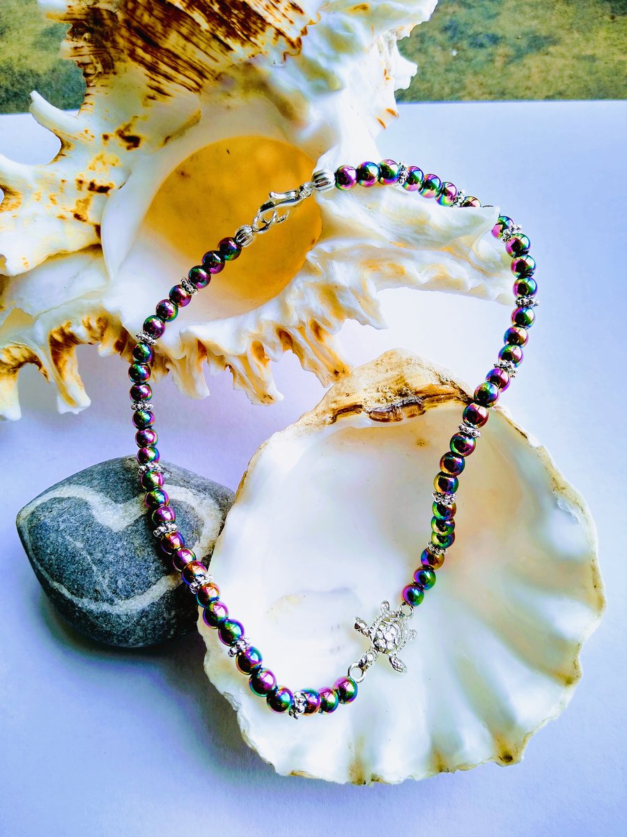 Metallic Rainbow Hematite Beaded Anklet With Silver Plate Turtle Charm